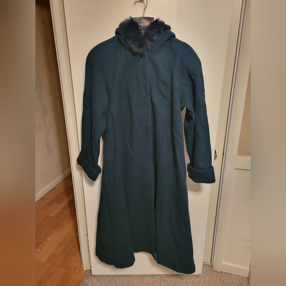 Long Dark Green Trench Coat with Rabbit-Fur Trimmed Hood